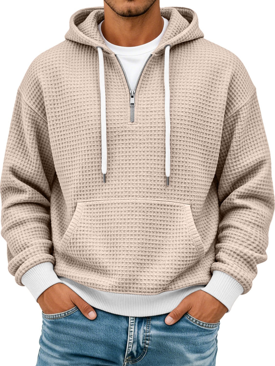 Men's Waffle Texture Colorblock Casual Hooded Sweatshirt