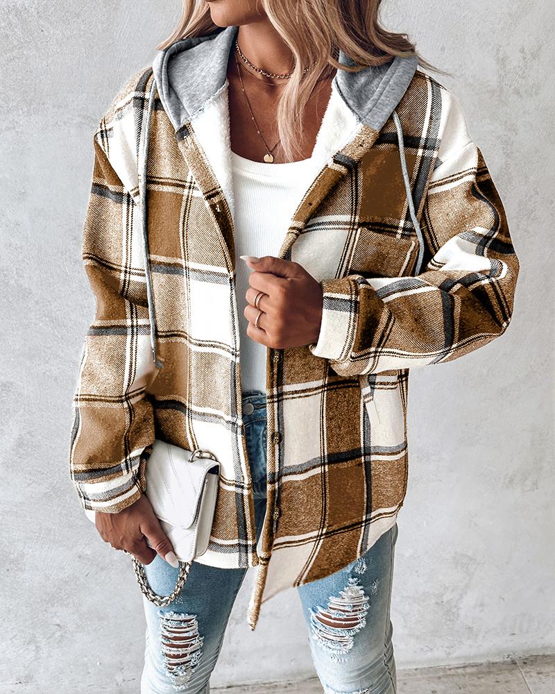 Plaid Pattern Long Sleeve Shacket Button Down Fleece Lined Hooded Jackets Warm Coat