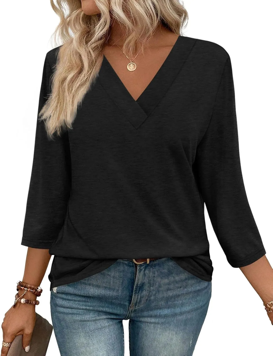 Women's V Neck 3/4 Long Sleeve Loose Fit Tops
