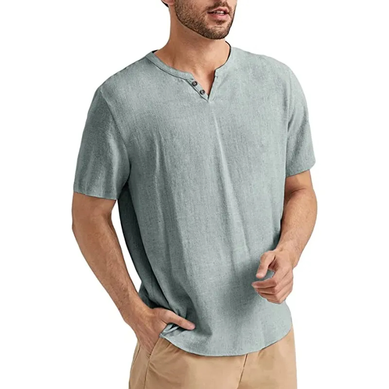 Men's summer short-sleeved casual solid color cotton and linen T-shirt tops