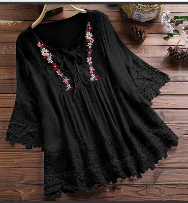 Women's Blouses Loose Belted Lace 3/4 Sleeves Blouse