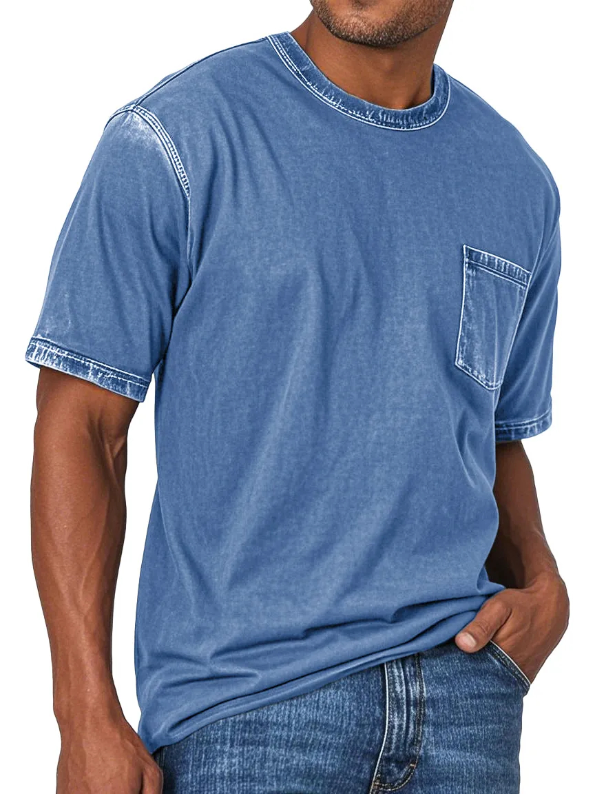 MEN'S FASHION RETRO WASHED ROUND NECK POCKET SHORT SLEEVE T-SHIRT