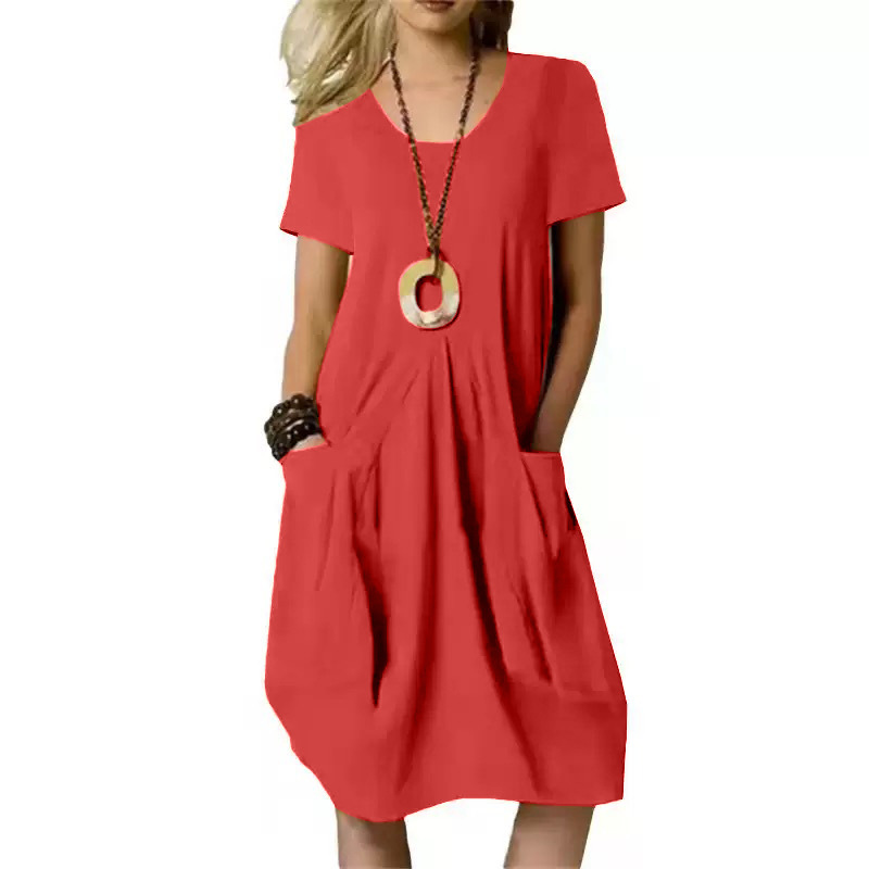Women's Solid-Color Cotton-Linen Dress—Loose Fit, Round Neck. An Ideal Choice for Everyday Wear—Comfortable and Versatile.