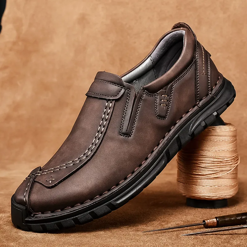 Men's Leather Stitched Walking Shoes - Vintage Lightweight Durable Shock Absorption Comfy Sneakers
