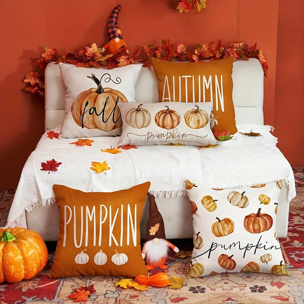 Set of 4 Pumpkin Pillow Covers for Halloween Fall Decor, Machine Washable
