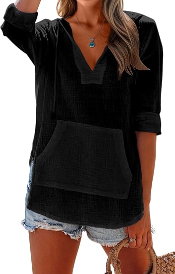 👗Women's Beach Cover Up hoodies sweatshirt Long Sleeve V Neck Pocketed Hooded Shirt Top
