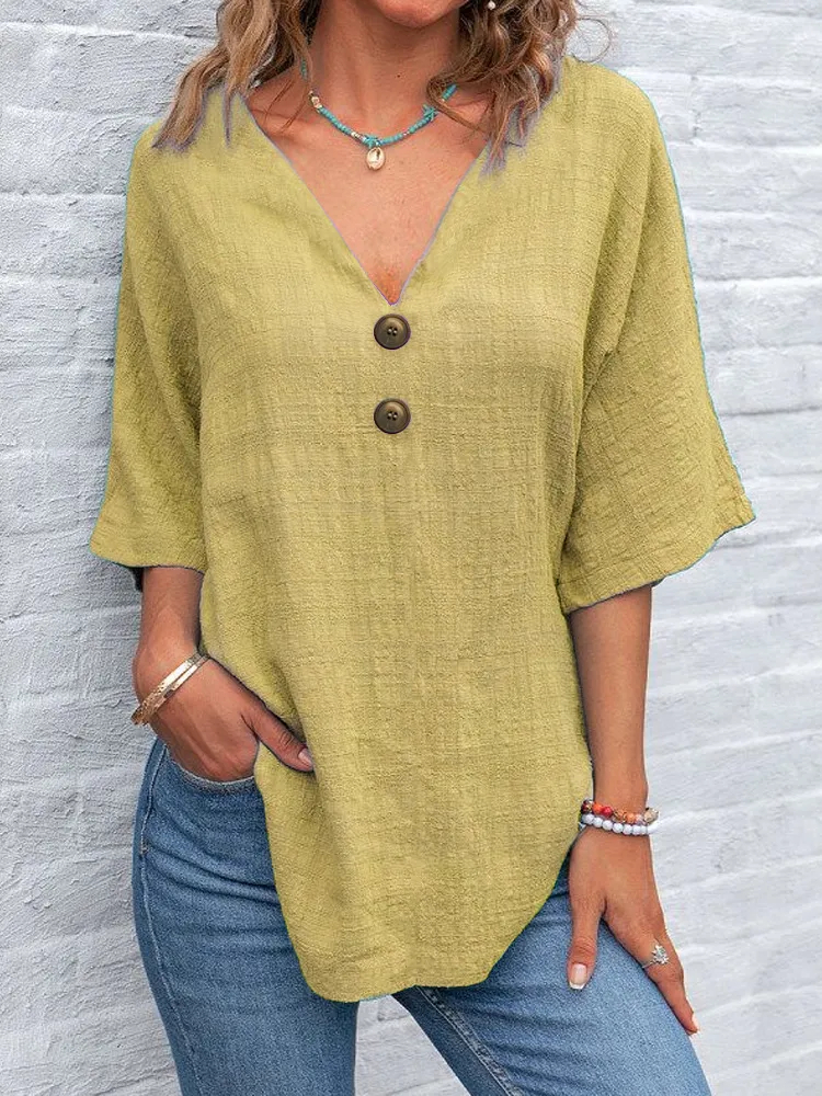 Women'S Casual V-Neck Short-Sleeved Regular Pullover Multi-Color Top