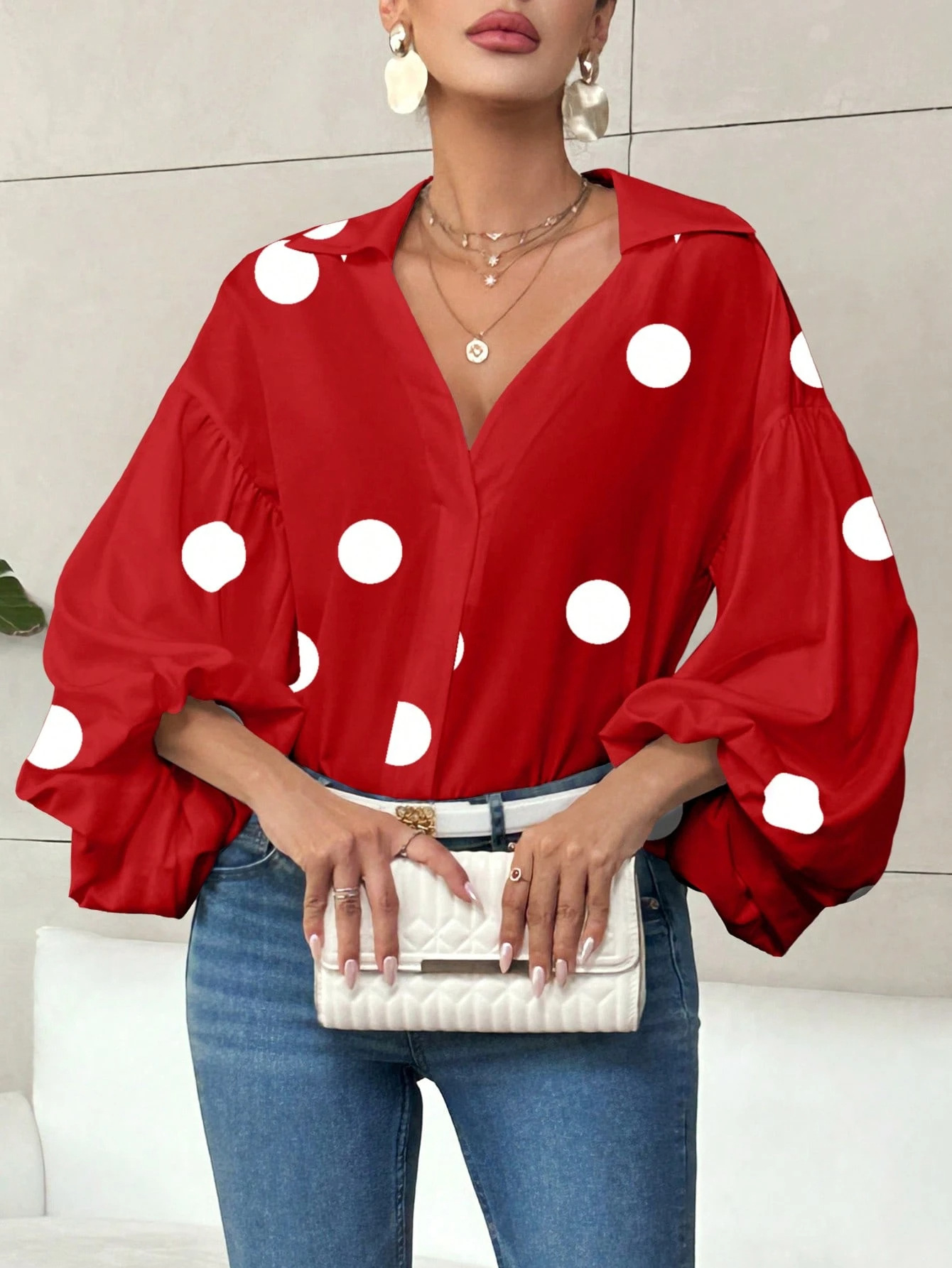Women’s Vintage Polka Dot V Neck Blouse, Loose Puff Long Sleeve Collared Shirt, Casual Oversized Top for Daily Holiday