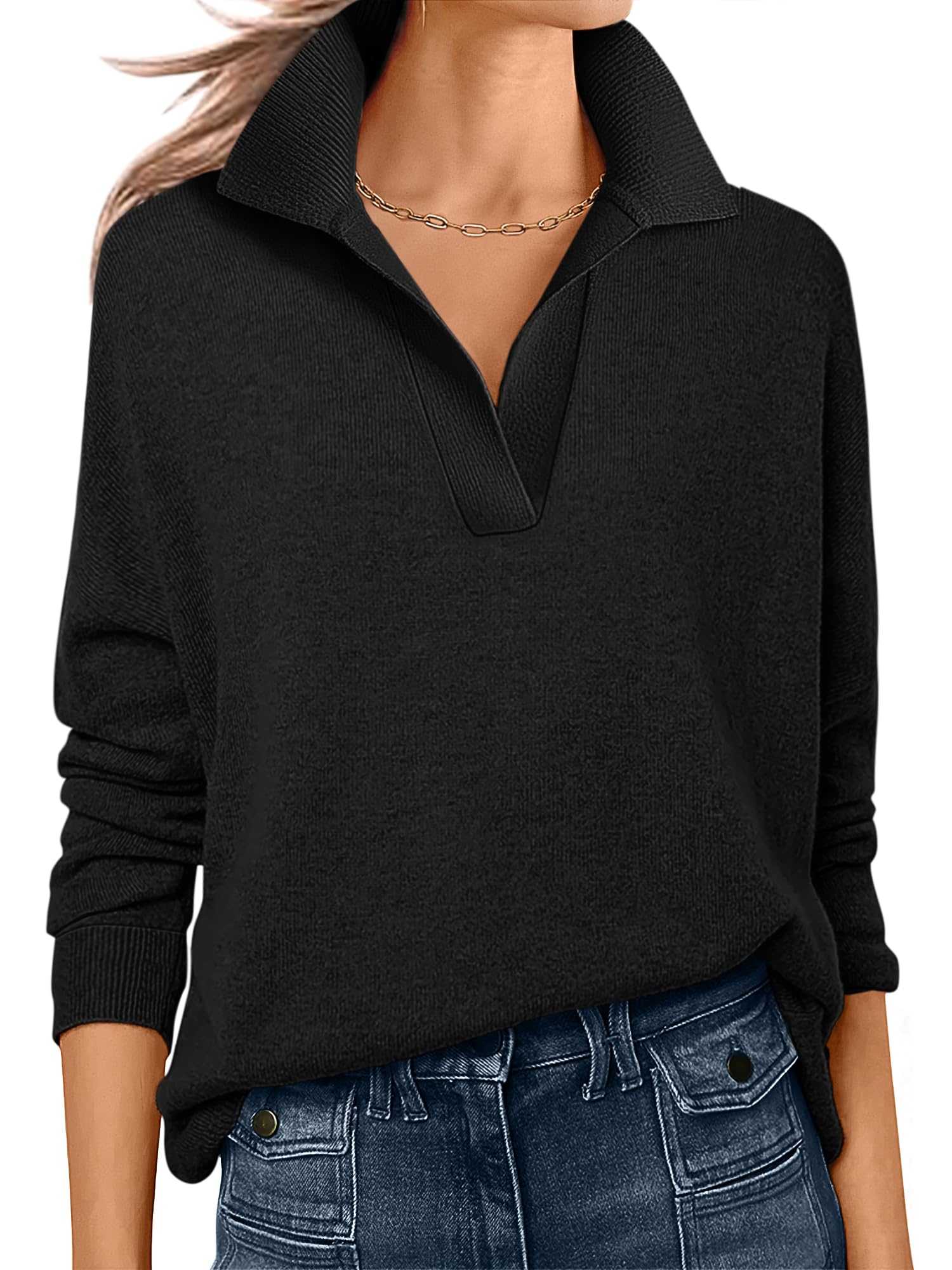 Womens Polo V Neck Long Sleeve Sweaters Lightweight Dressy Casual Business Basic Knit Pullover Top
