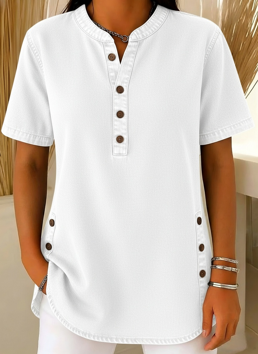 NEW🔥Women's V-neck short-sleeved Casual Button-up Loose Denim Top