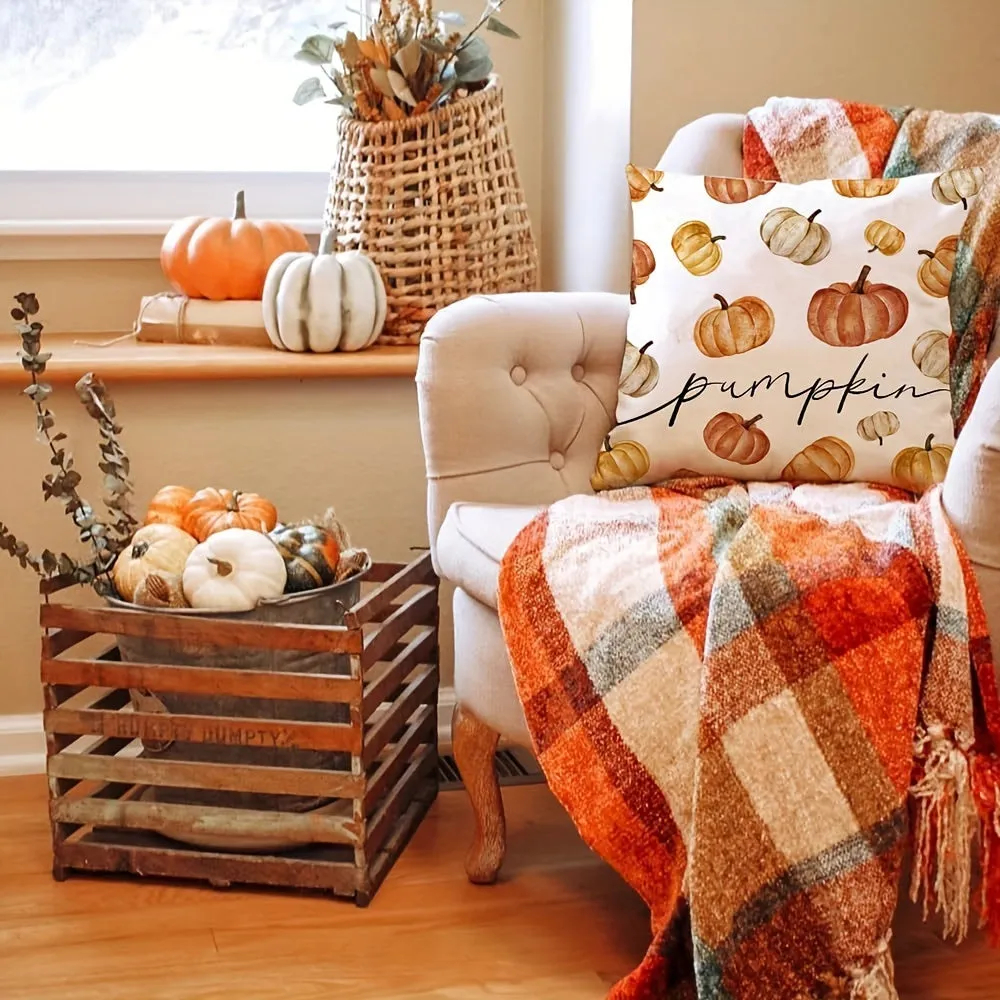 Set of 4 Pumpkin Pillow Covers for Halloween Fall Decor, Machine Washable