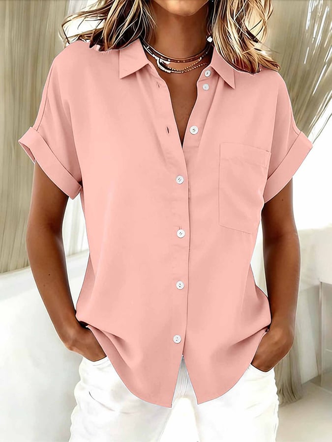 Women'S Solid Color Casual Lapel Short-Sleeved Shirt