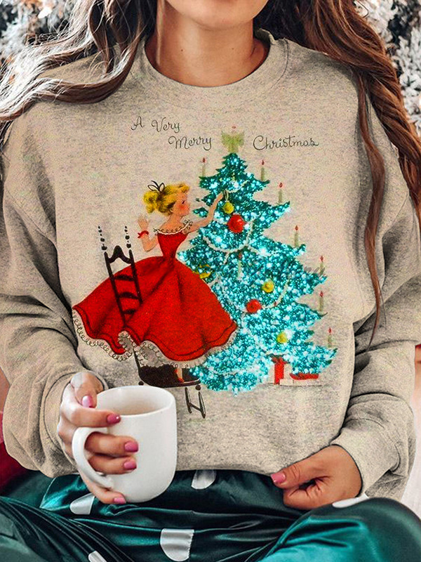 Vintage Glitter Christmas Print Casual Sweatshirt