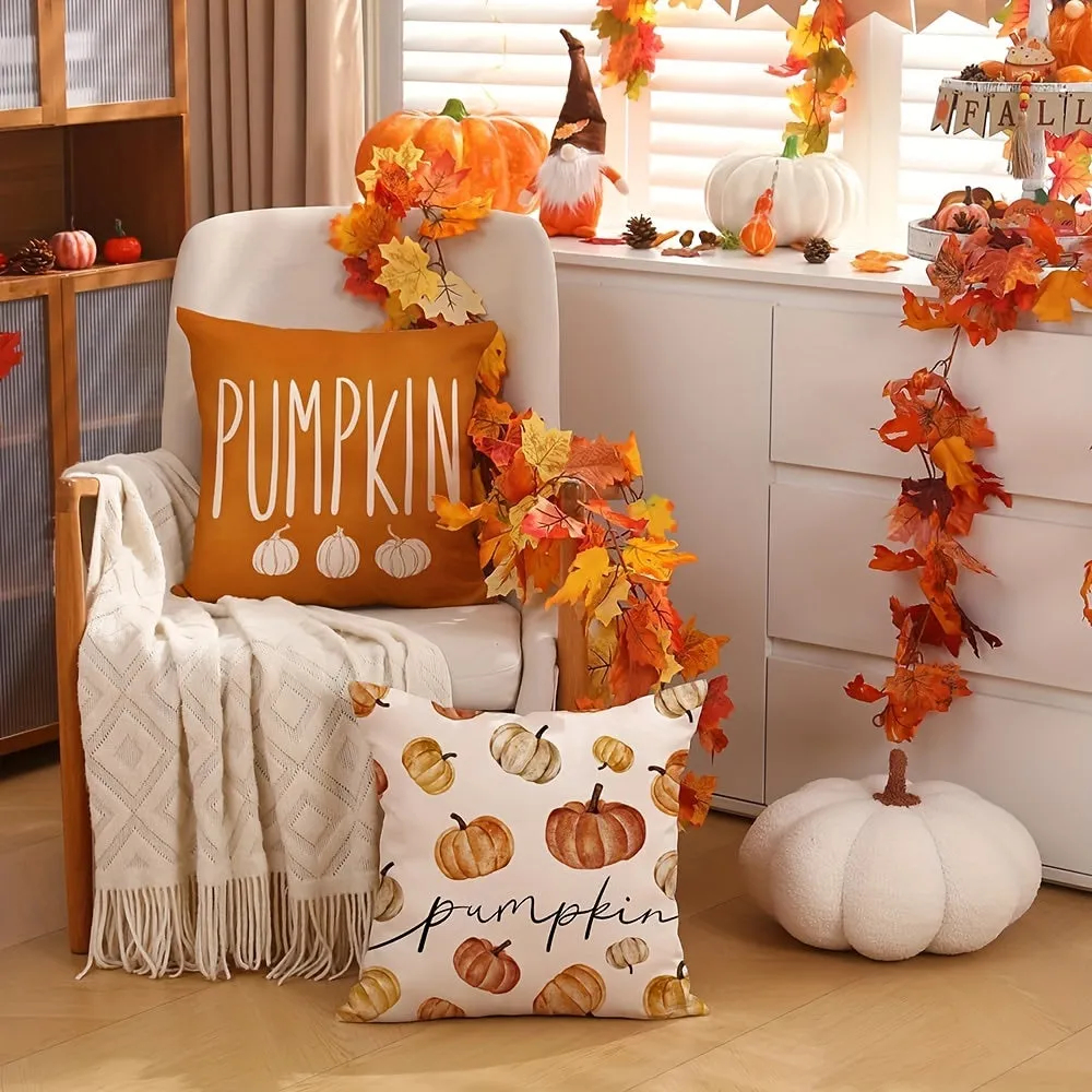 Set of 4 Pumpkin Pillow Covers for Halloween Fall Decor, Machine Washable