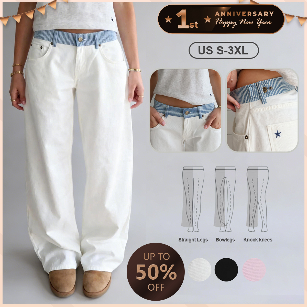 Color-block patchwork adjustable casual jeans (Buy 2 Free Shipping)