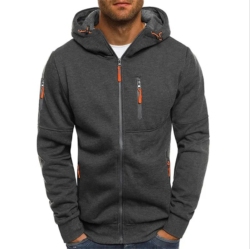 Men's Fleece Solid Color Hoodie Zip Front Hooded Sweatshirt