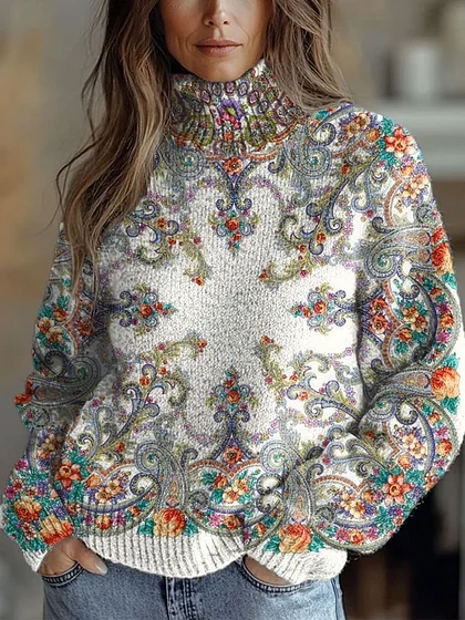 Women's Vintage Lovely Floral Art Print Knit Turtleneck Pullover Sweater