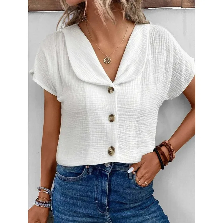 Summer new solid color short-sleeved cardigan button women's tops thin style