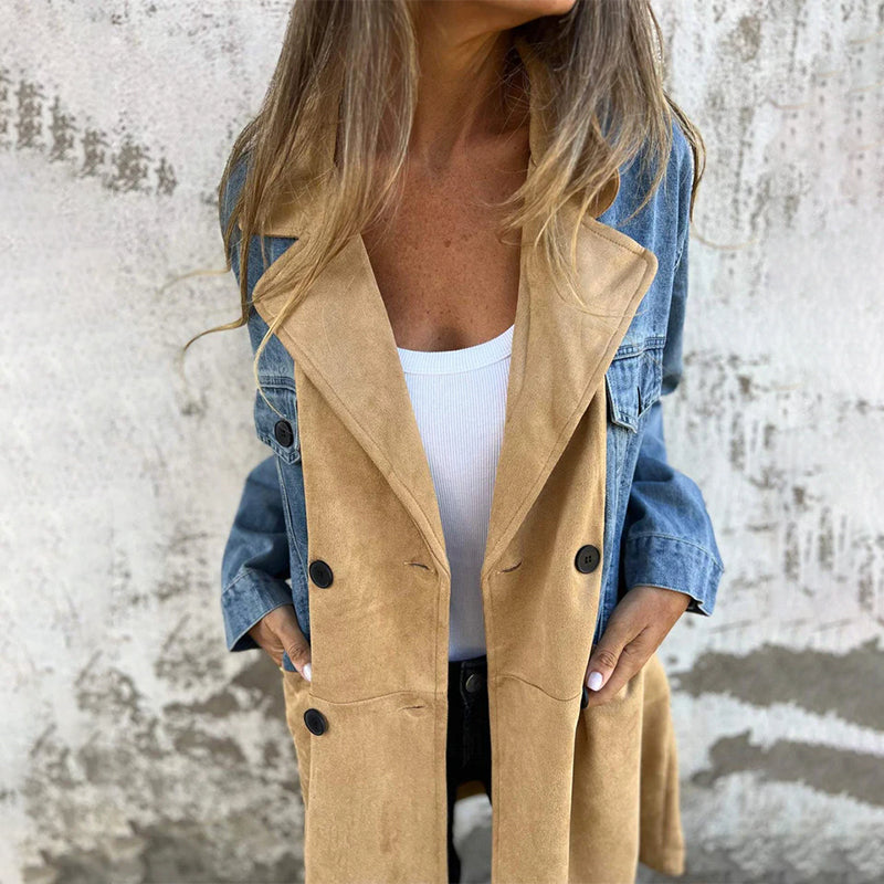 Mid-length jeans stitching trench coat