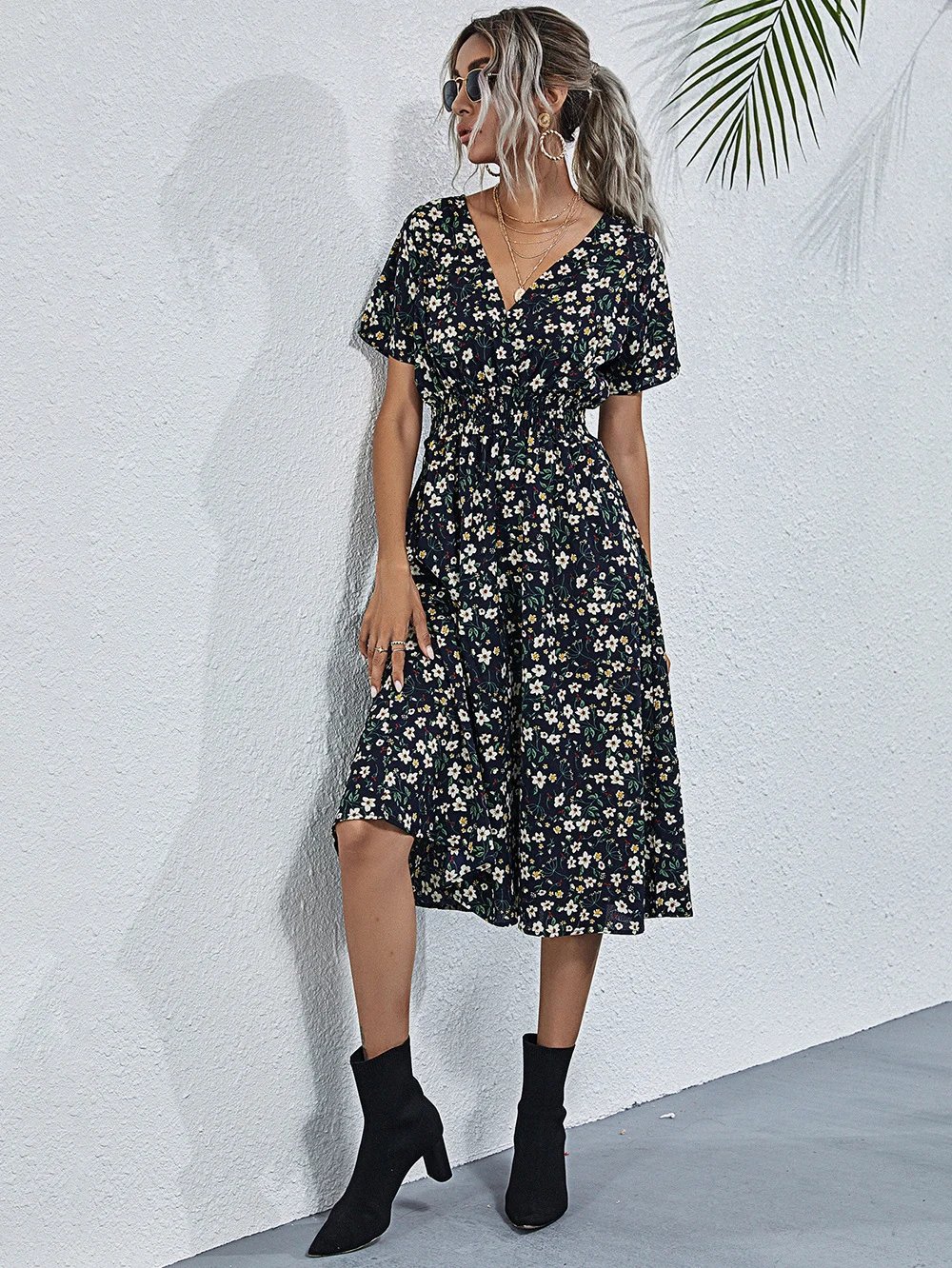 Summer V-neck floral print short-sleeved dress