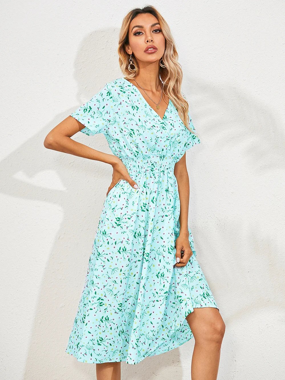 Summer V-neck floral print short-sleeved dress