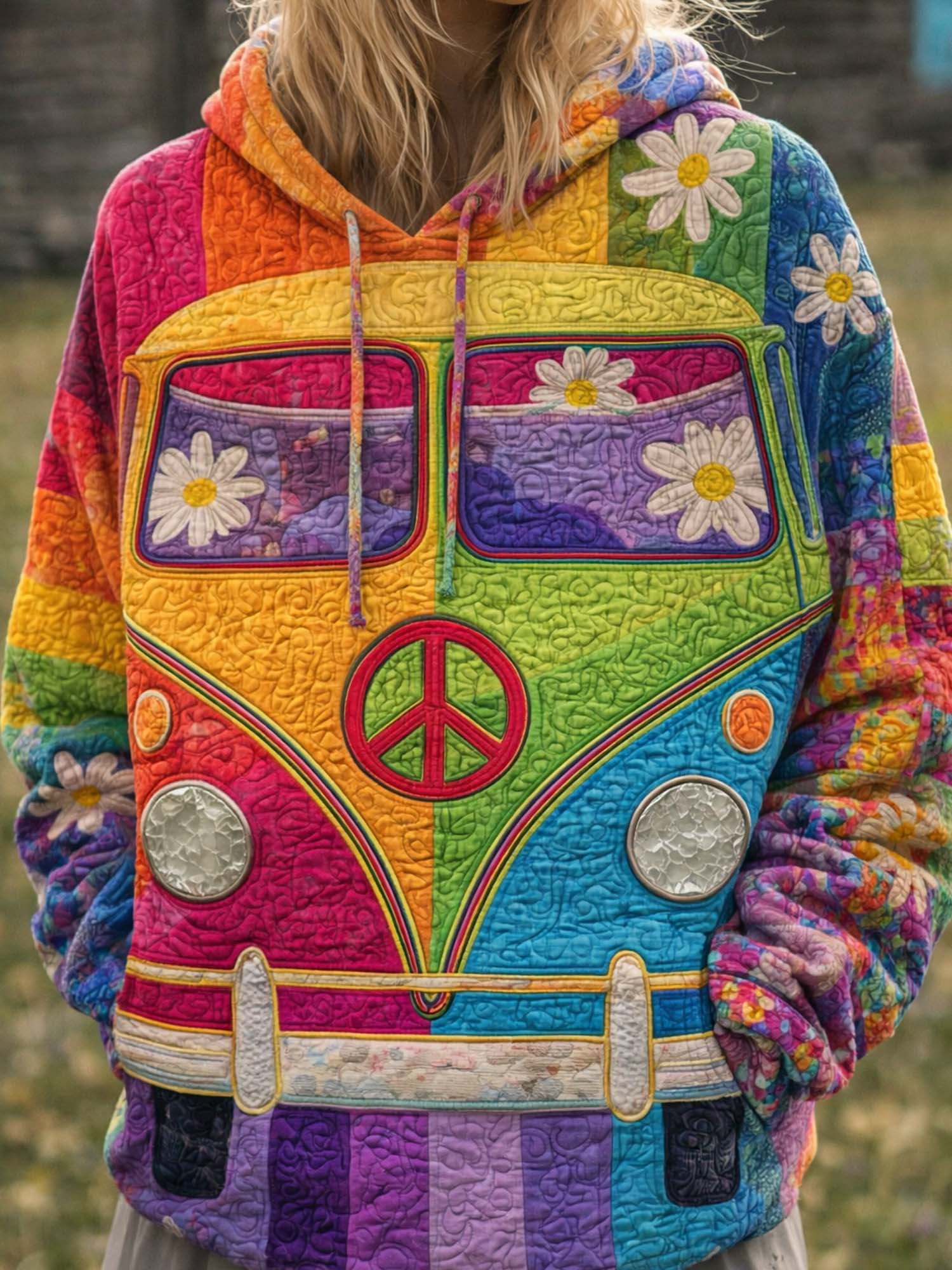 Hippie Van Quilted Casual Regular Fit Long Sleeve Hoodie Sweatshirt