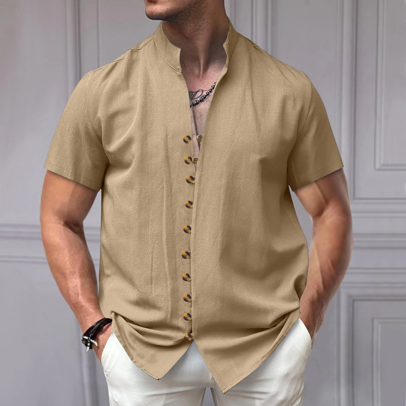 🔥Last day 70% off 🔥Men's Vintage Linen Button-Down Stand Collar Short Sleeve Shirt