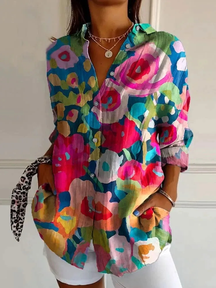 Women’s Abstract Line Cotton Linen Shirt