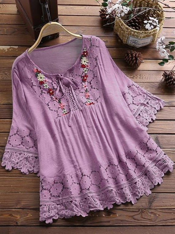 Women's Blouses Loose Belted Lace 3/4 Sleeves Blouse