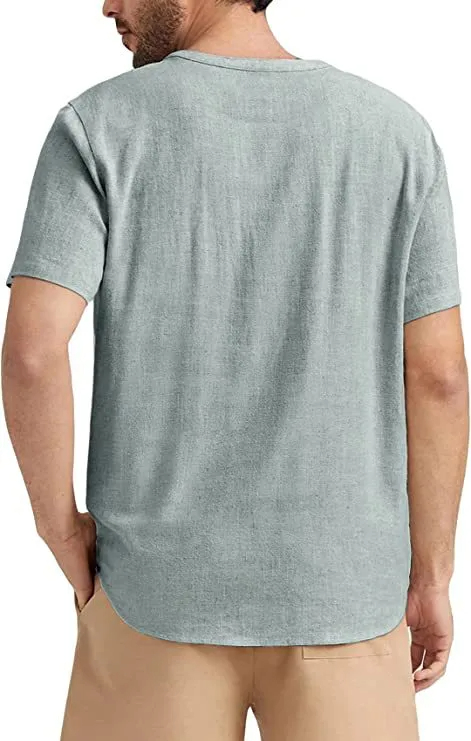 Men's summer short-sleeved casual solid color cotton and linen T-shirt tops