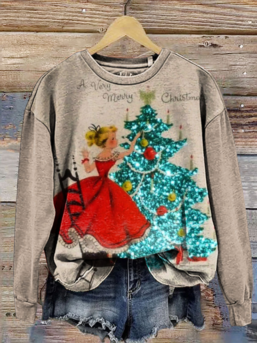 Vintage Glitter Christmas Print Casual Sweatshirt