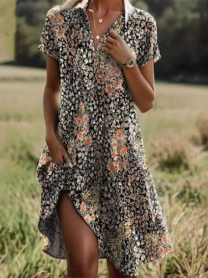 Casual Ditsy Floral Polo Collar Dress