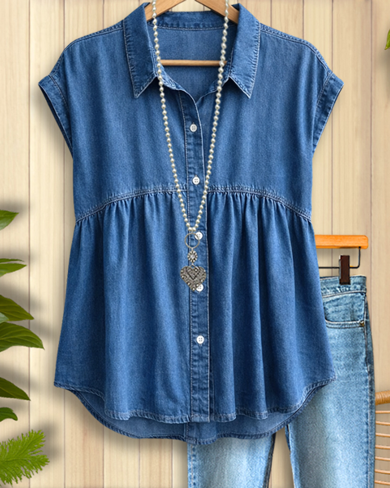 Women's Lapel Short-sleeved Casual Loose Denim Shirt