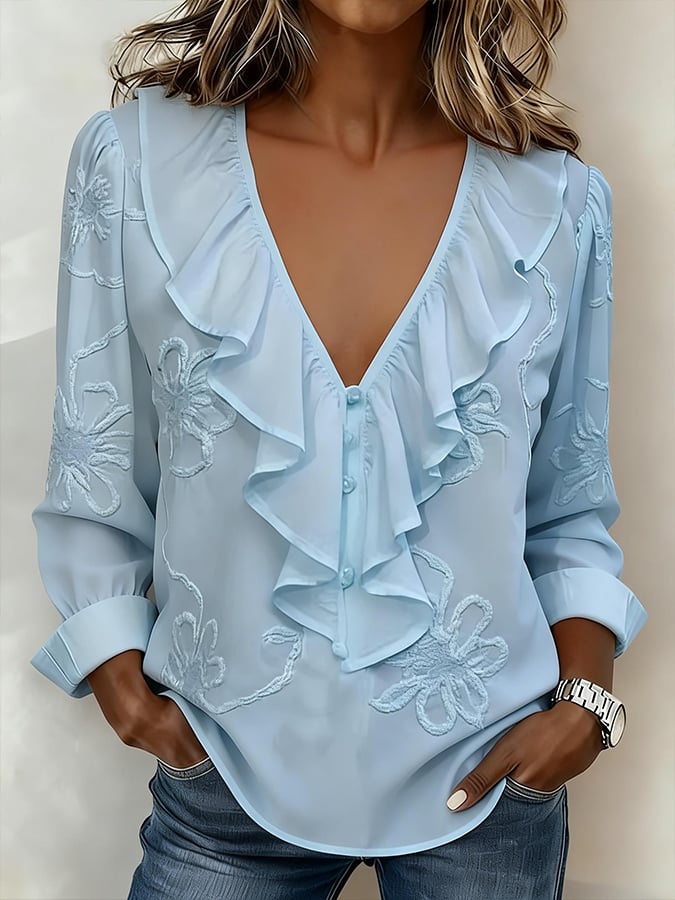 New Arrivals🔥 Women's Casual Solid Color Embroidered Ruffle Top