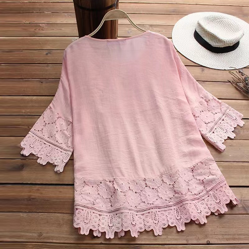 Women's Blouses Loose Belted Lace 3/4 Sleeves Blouse