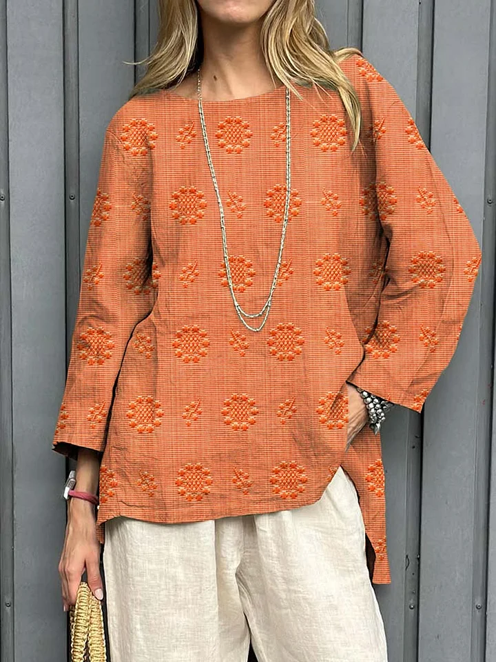 Women's Vintage Floral Pattern Art Print Casual Cotton Linen Shirt