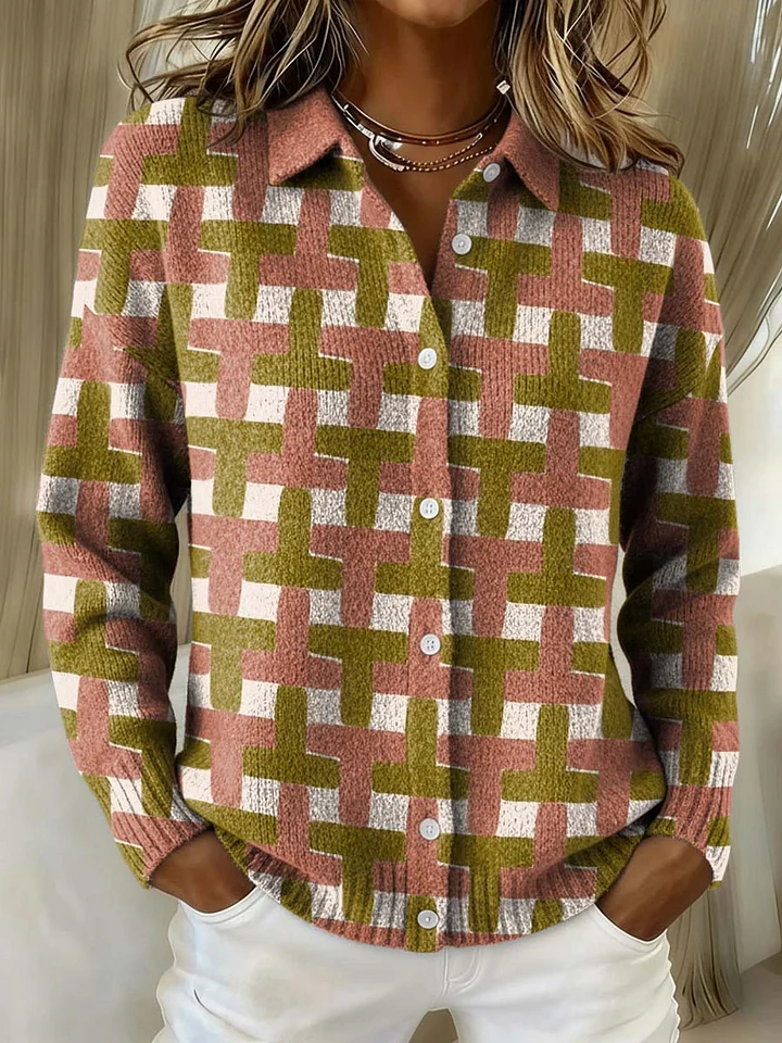 Women's Plaid Print Casual Cotton Buttoned Cardigan Sweater