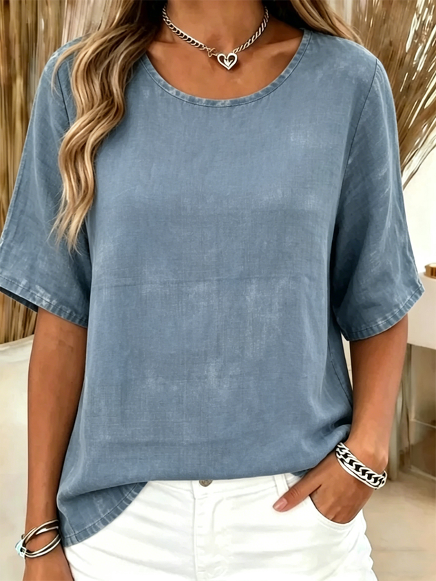 Cotton-Blend Crew Neck Vintage Plain T-Shirt