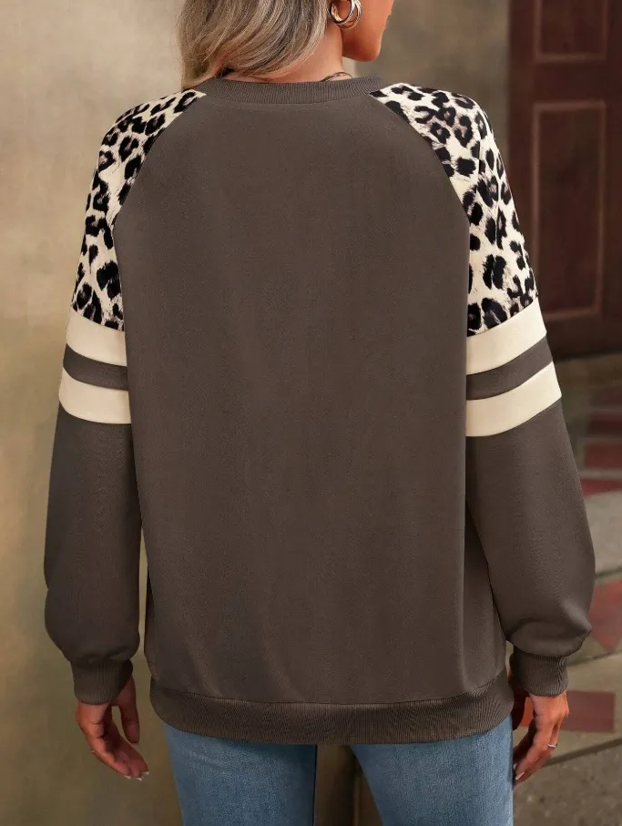 Leopard Print Color Blocked Long Sleeved Loose Hoodie