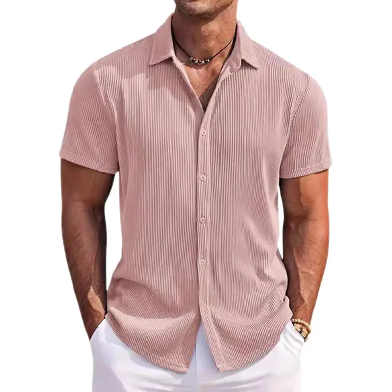 Men's Cotton Striped Jacquard Casual Loose Short Sleeve Shirt