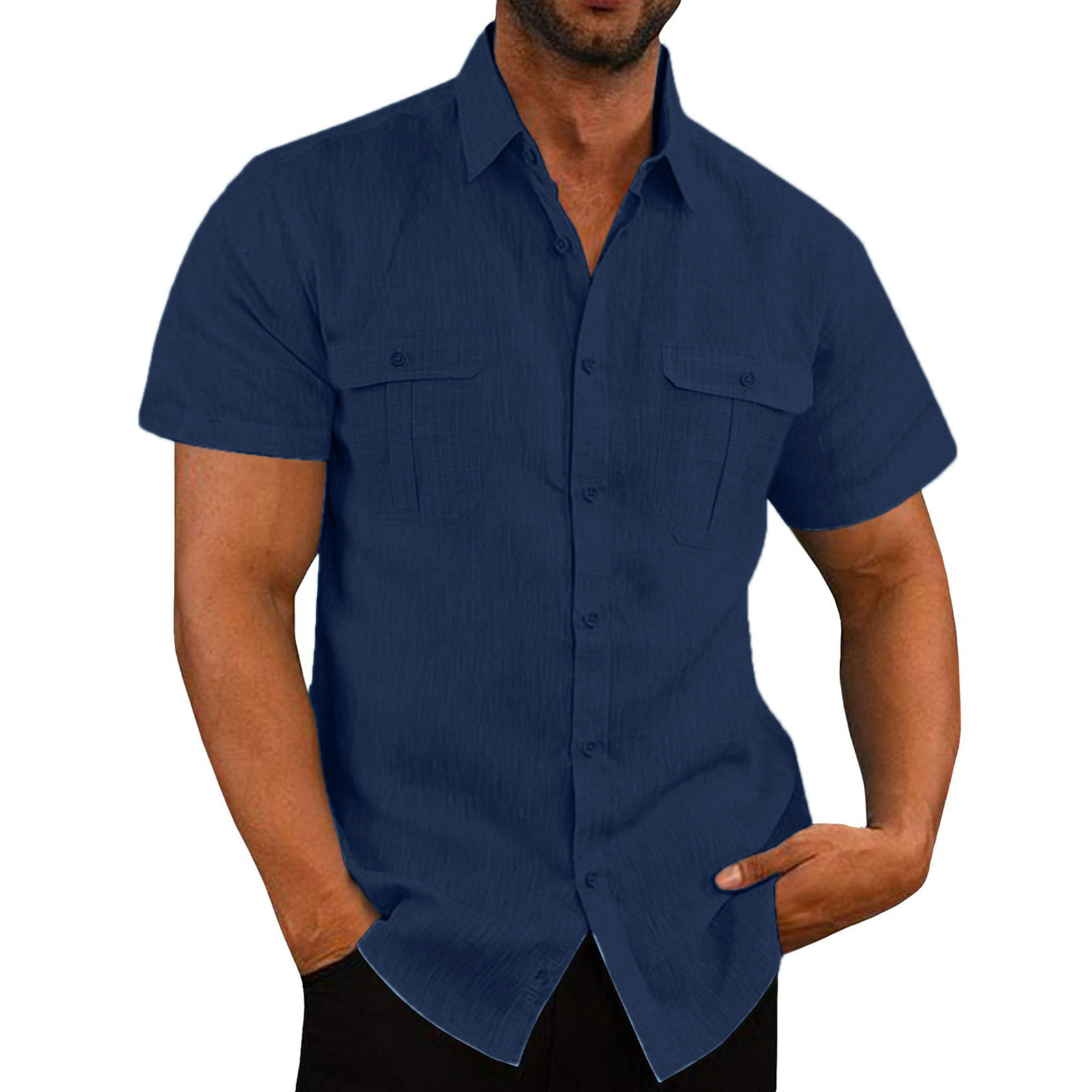 Men's Double Pocket Cotton Linen Short Sleeve Shirt