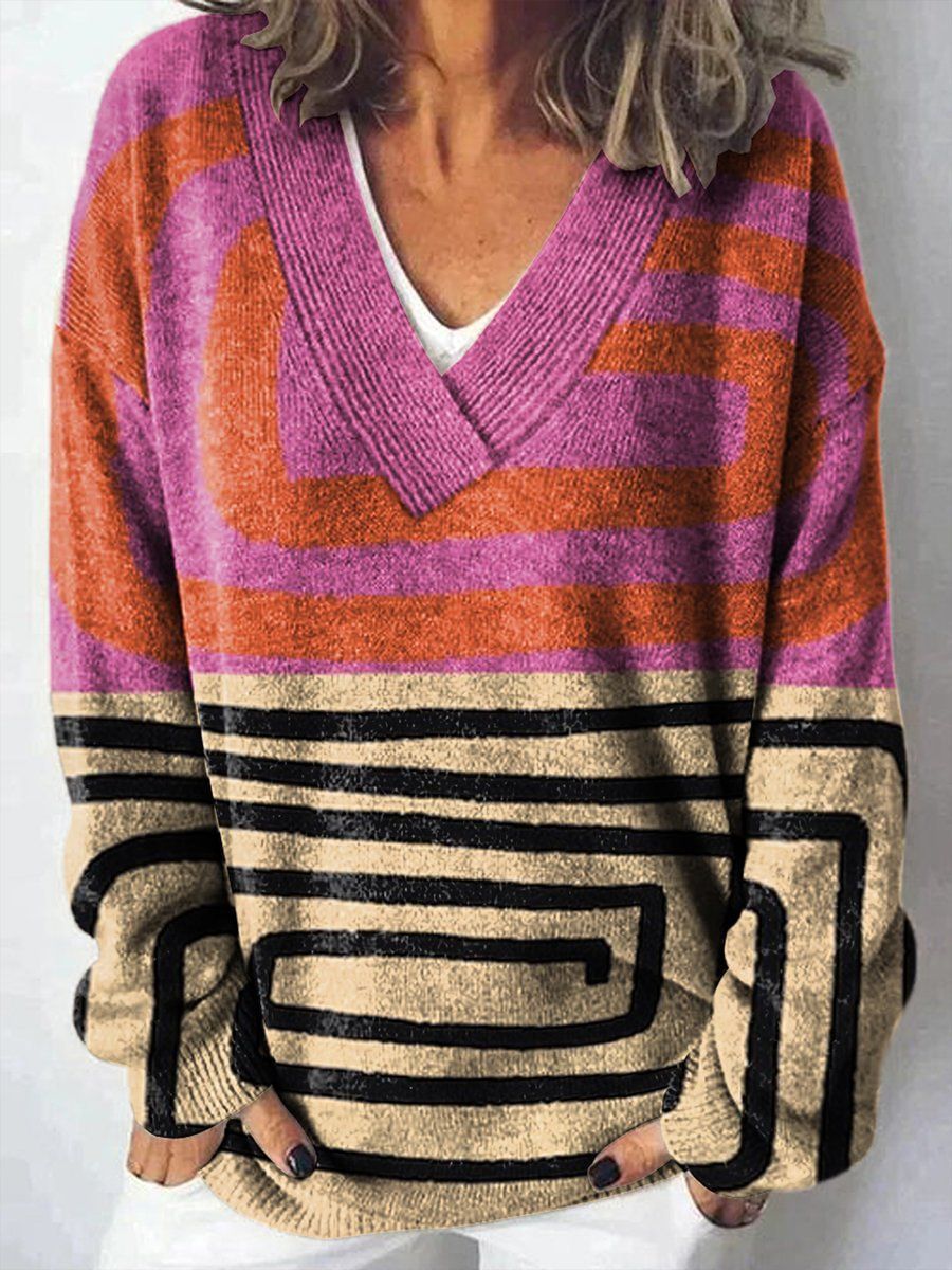 Women’s Vintage Abstract Print Wool Sweater – Artistic Cozy Knit Top