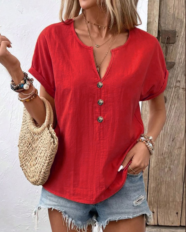 Women's V-Neck Cotton-Linen Button-Up Top
