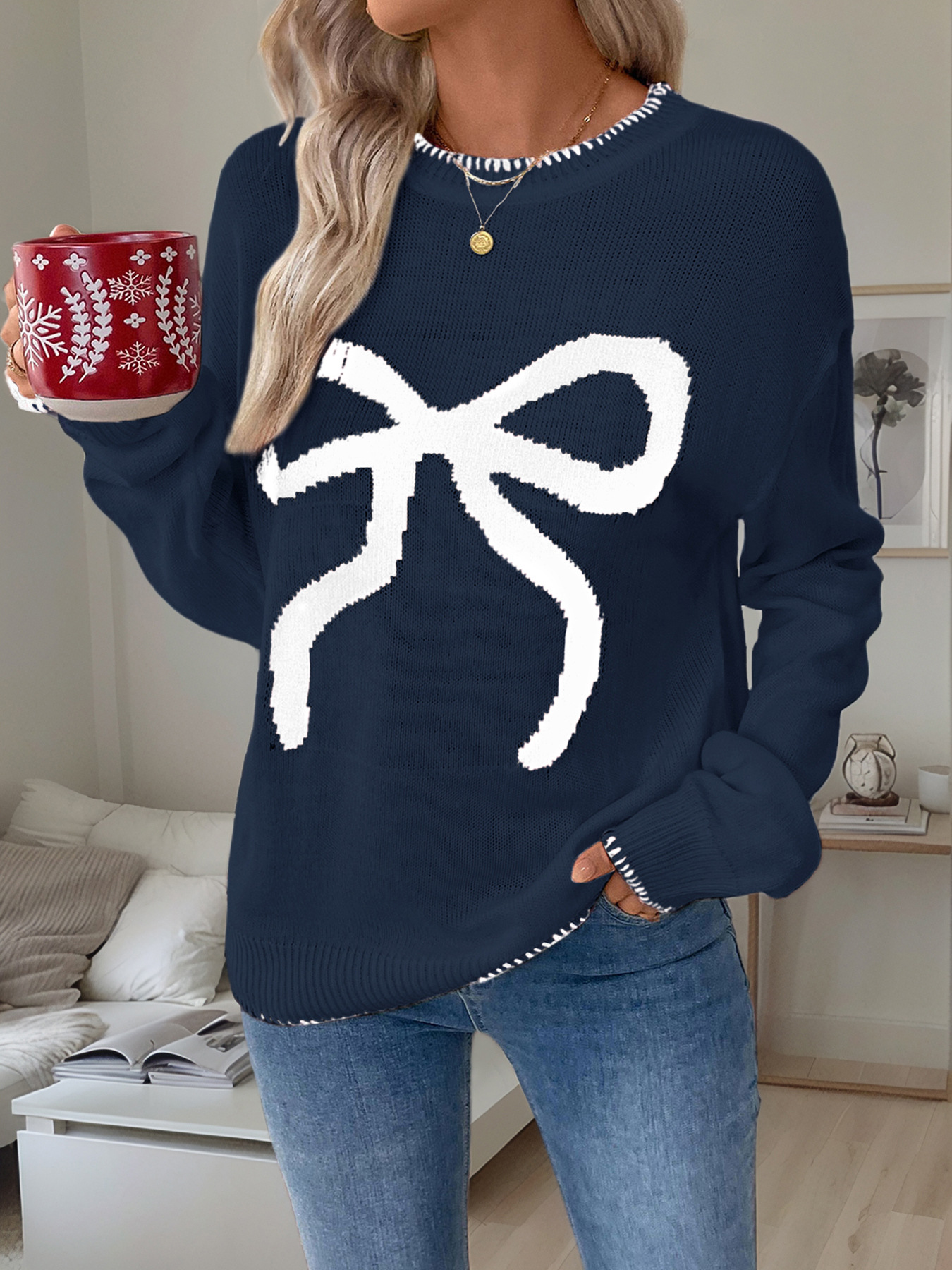 Bow Pattern Contrast Trim Christmas Loose Graphic Sweater