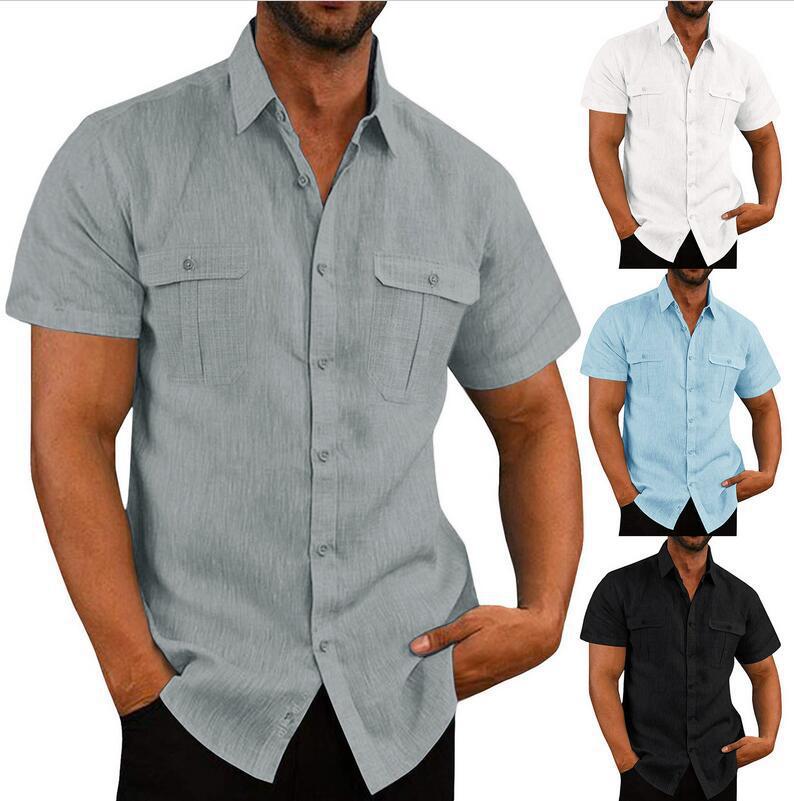 Men's Double Pocket Cotton Linen Short Sleeve Shirt