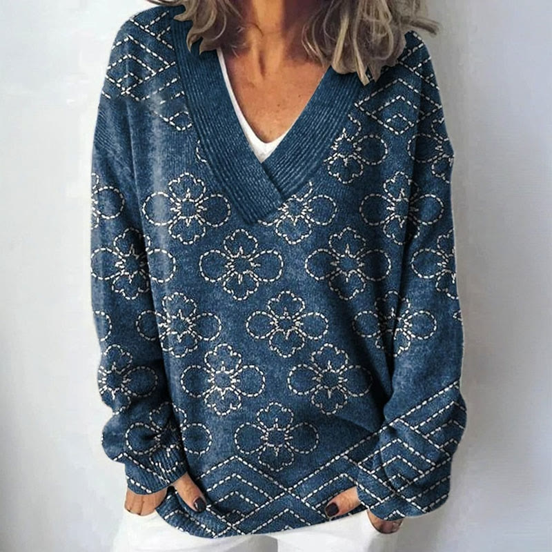 Women’s Vintage Abstract Print Wool Sweater – Artistic Cozy Knit Top