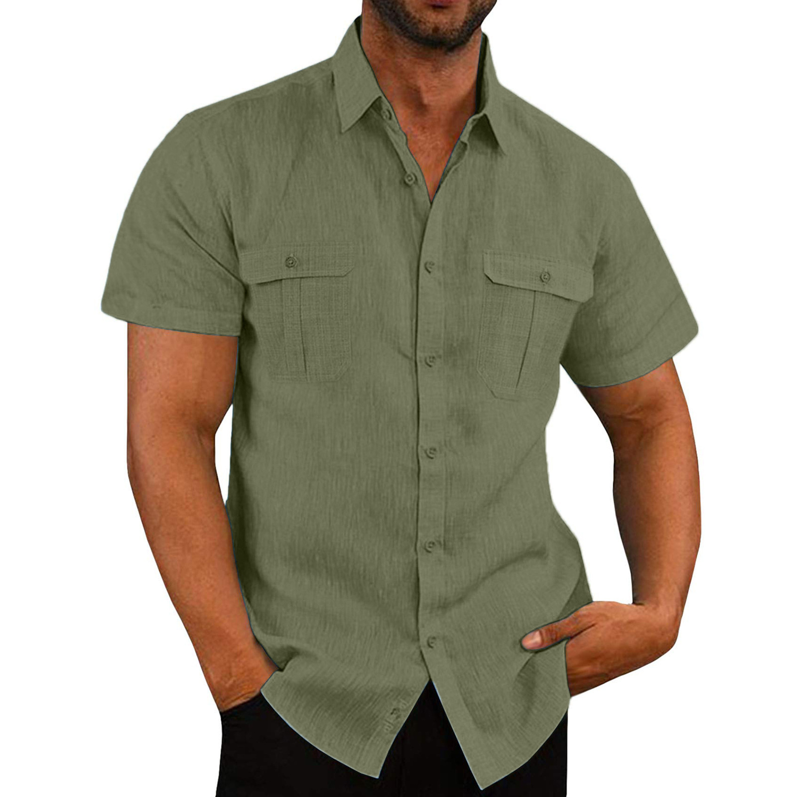Men's Double Pocket Cotton Linen Short Sleeve Shirt