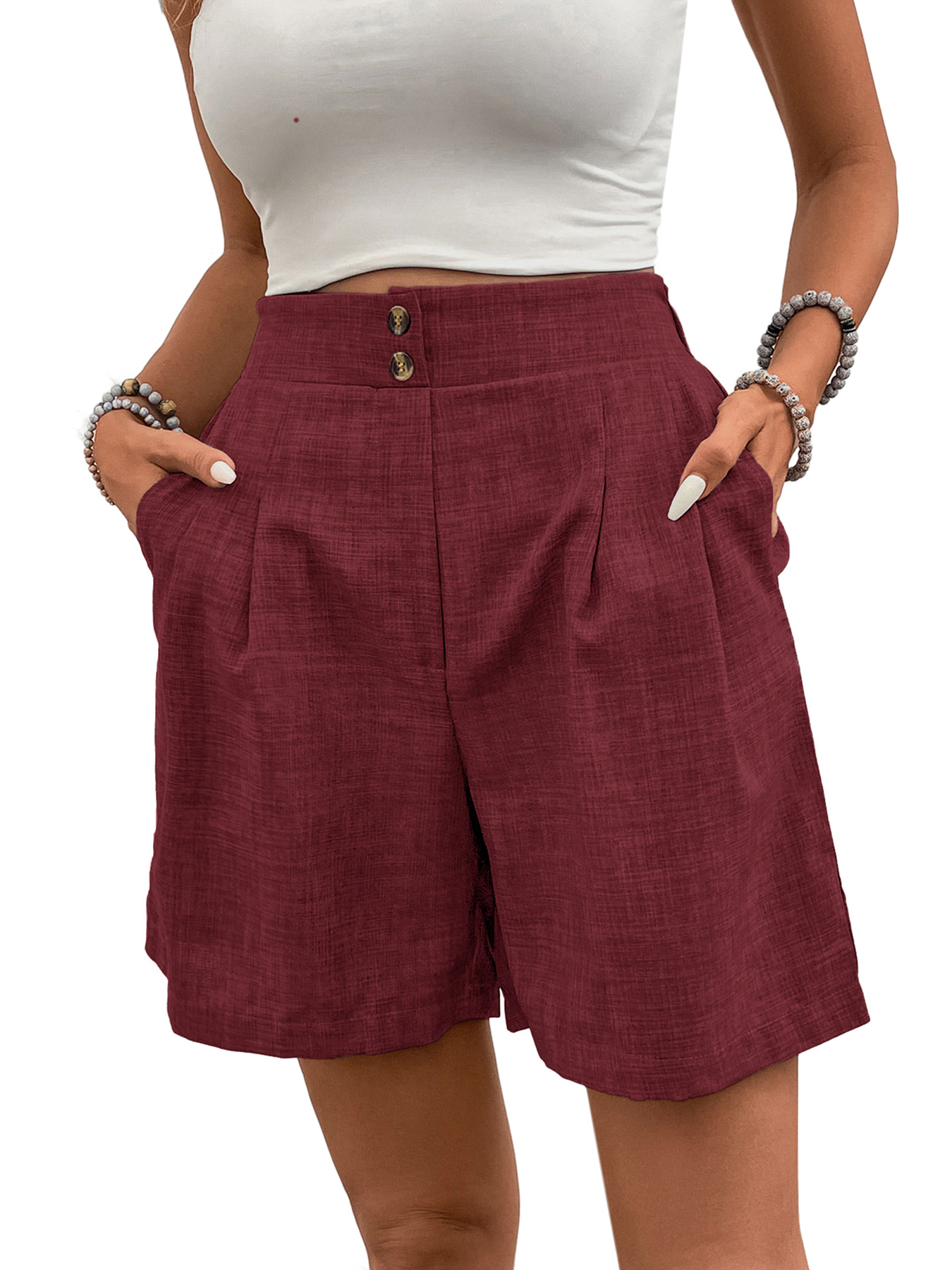 Women High-Waisted Wide-Leg Tencel linen  Shorts Pleated Casual Summer Shorts