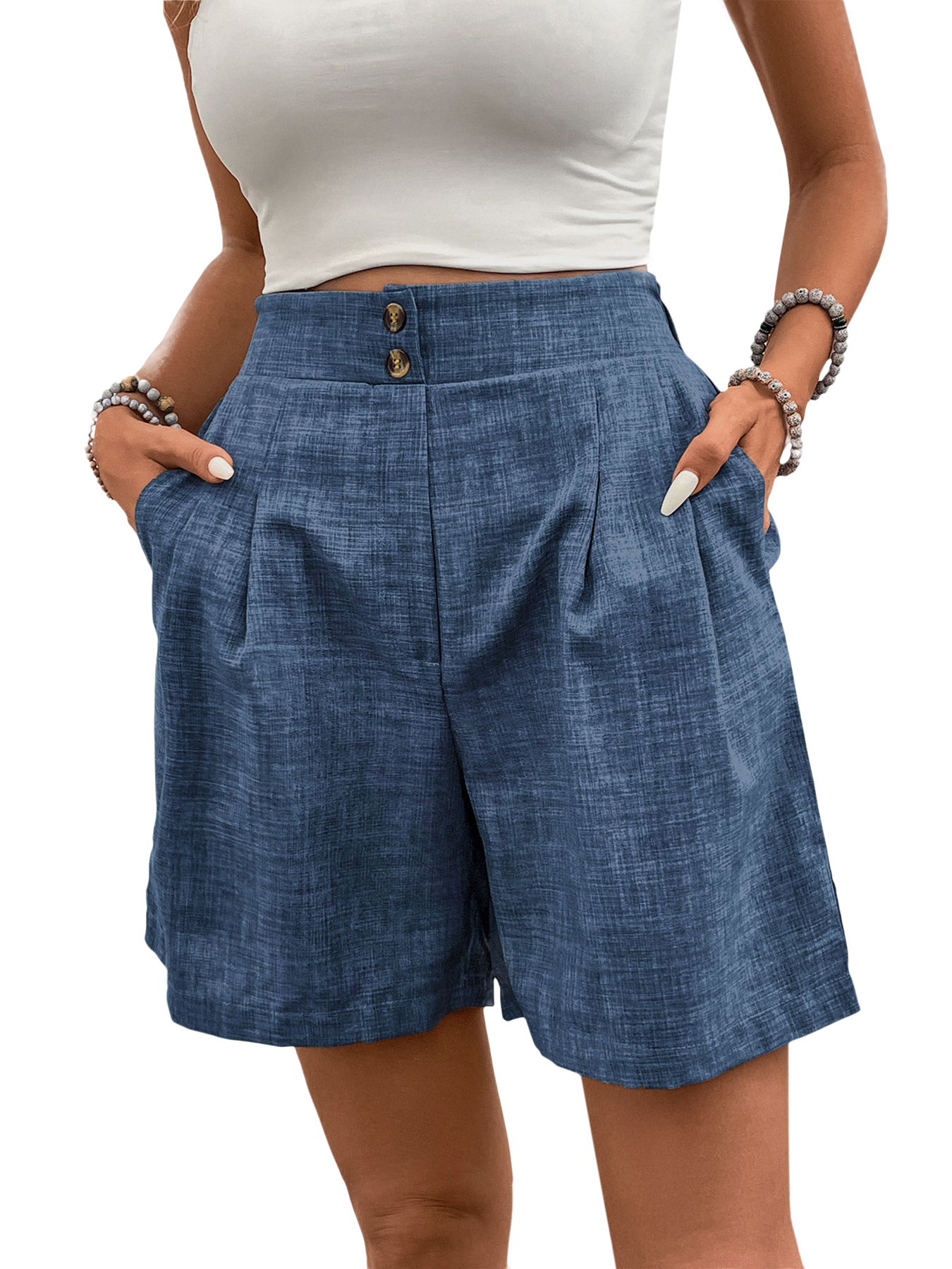 Women High-Waisted Wide-Leg Tencel linen  Shorts Pleated Casual Summer Shorts
