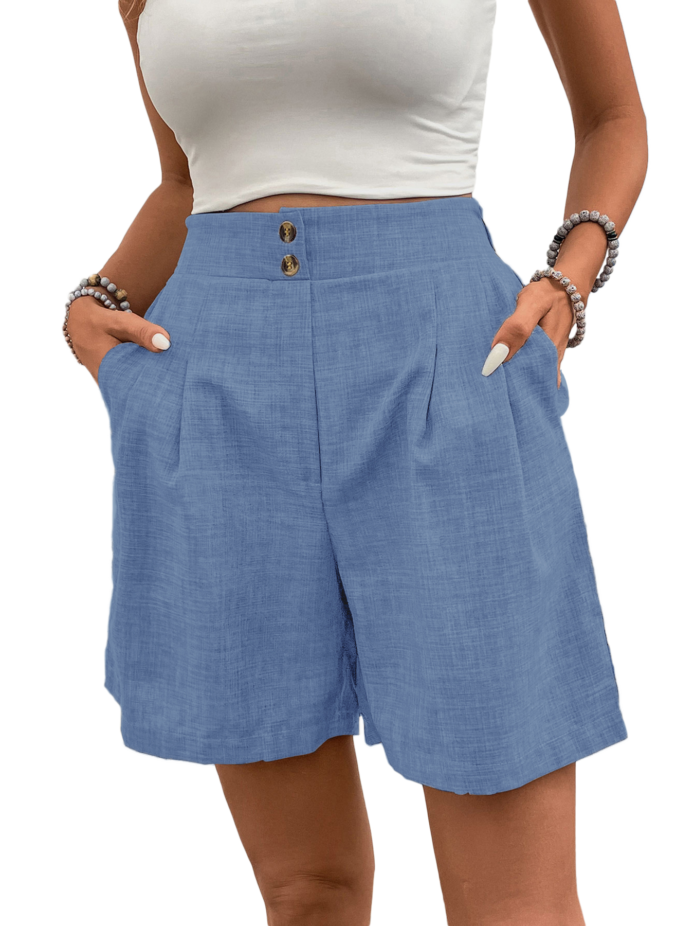 Women High-Waisted Wide-Leg Tencel linen  Shorts Pleated Casual Summer Shorts